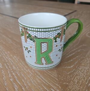 Anthropologie Bistro Tile Stoneware Monogram Mug: Festive Edition letter R